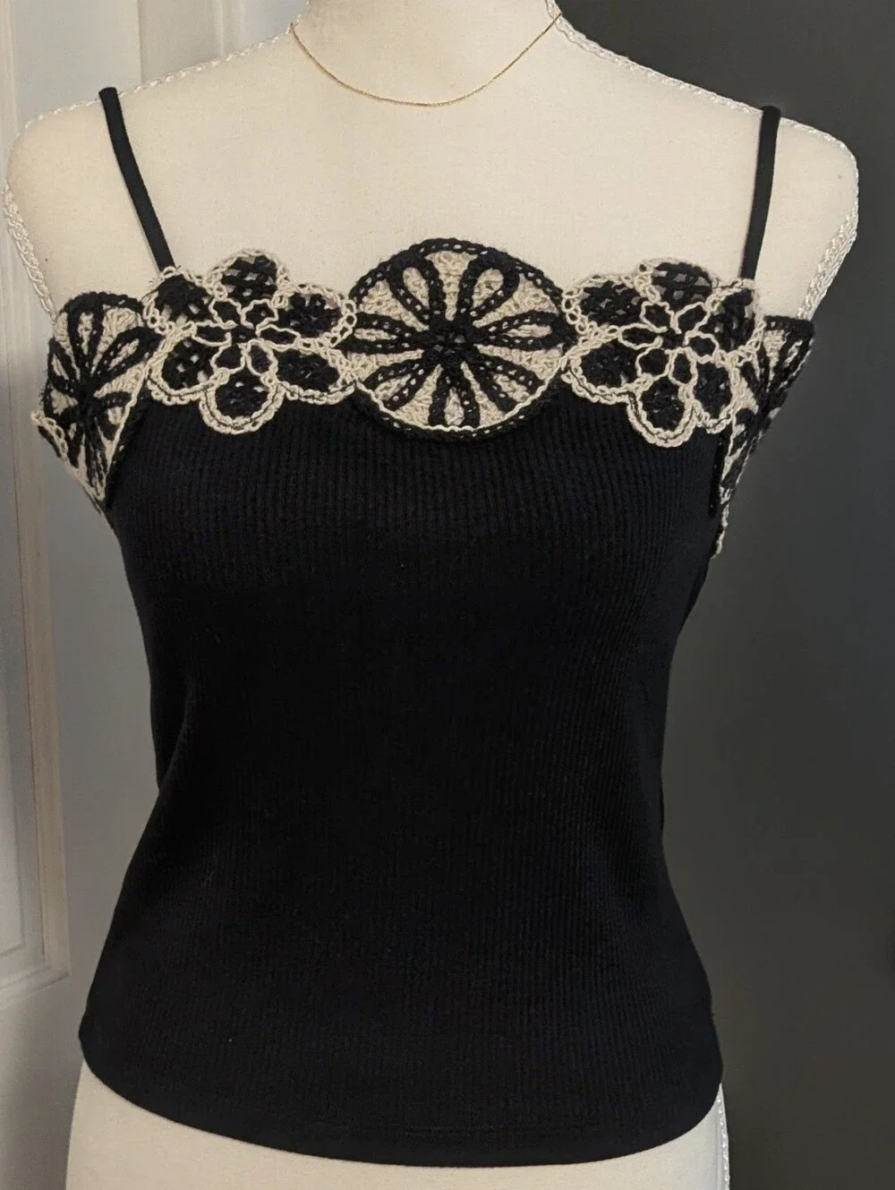 NWT Jcrew Black Crochet-Trim Spaghetti Tank Top